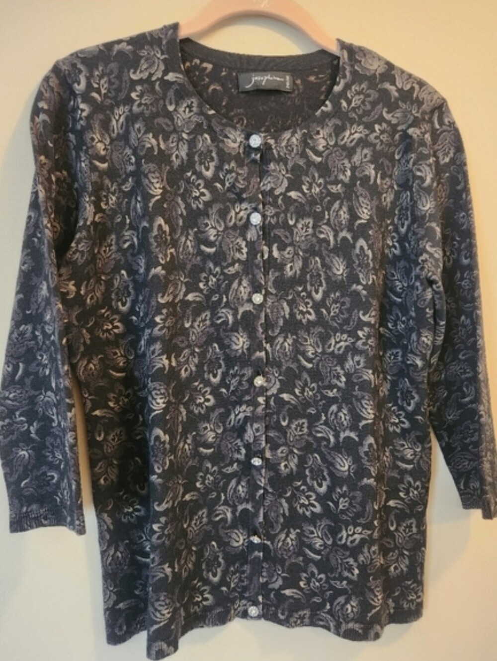Josephine Petite Silk & Nylon Black Floral Button-Up Sweater Vintage